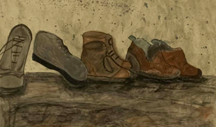 Painting of shoes and boots. Part of the Stand Together exhibition.