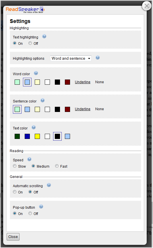 Screenshot of the settings page