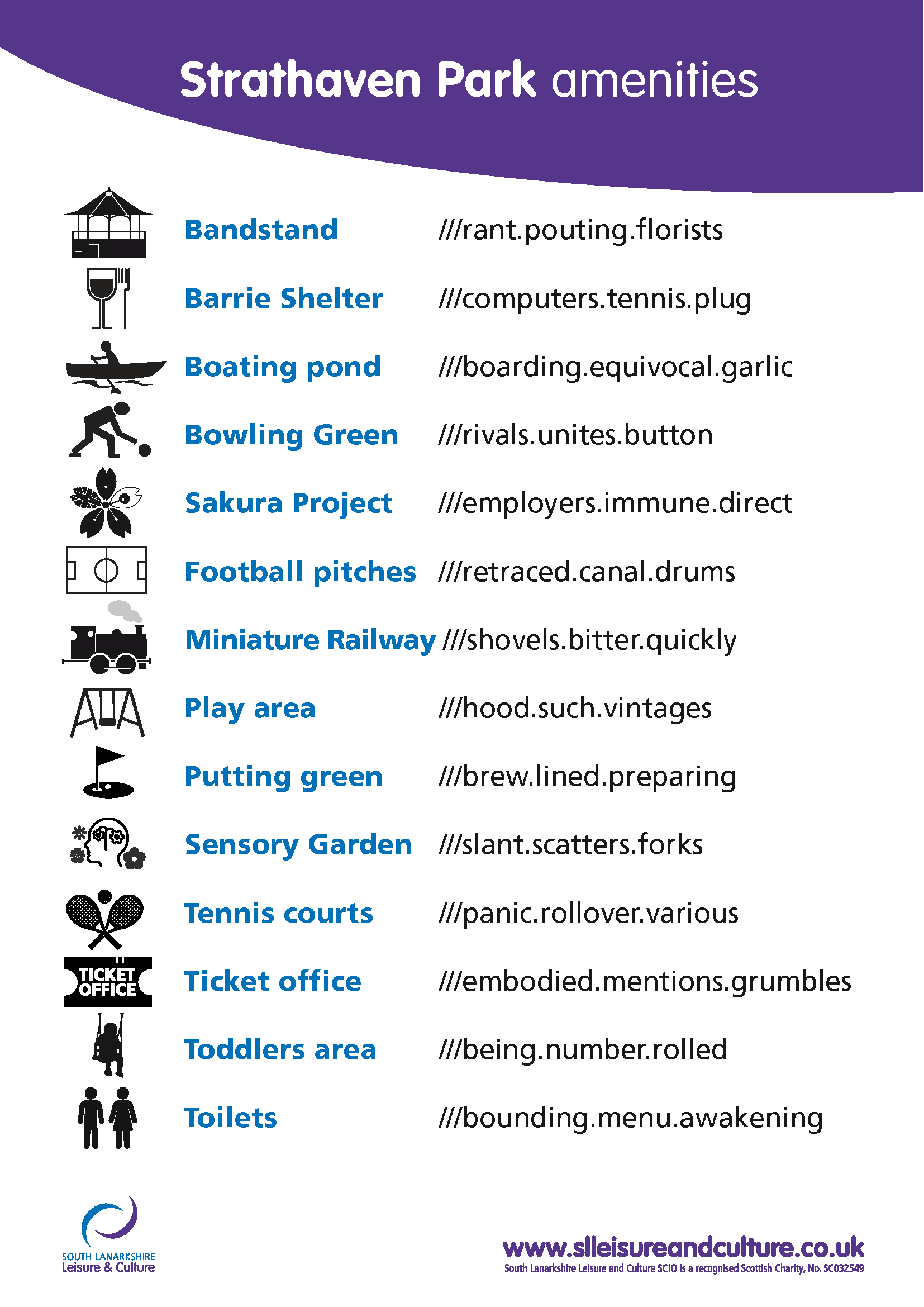 Strathaven Park amenities what-three-words location information