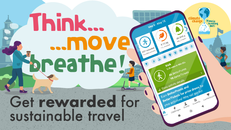 This graphic shows a mobile phone with the words Think, Move, Breathe in the background to promote the sustainable travel app
