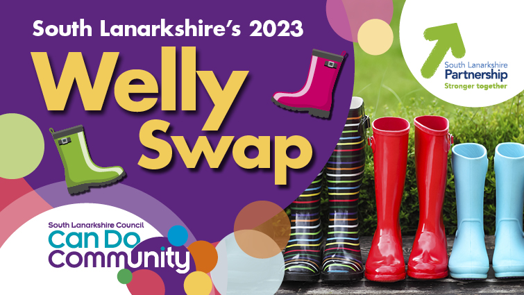 This graphic is to highlight the South Lanarkshire Welly Swap appeal 2023 which takes place in local libraries