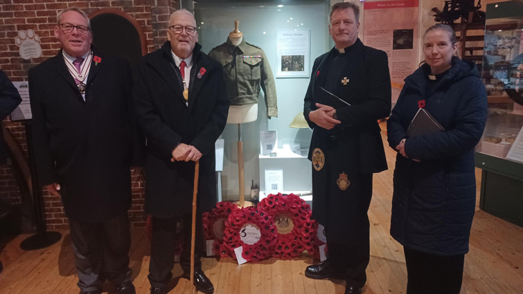 This image shows Depute Provost Bert Thomson, Deputy Lord Lieutenant of Lanarkshire Dr Morrison Young, Rev Ross Blackman and Rev Joanne Hood at the Armistice Day 2025 service