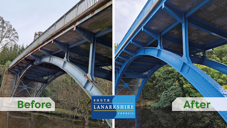 This image show a before and after pic of Millheugh Bridge in Larkhall following extensive repair work