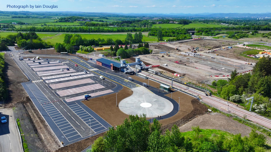 This is an aerial view of the new Hairmyres Railway Station and associated infrastructure, including the park and ride facility