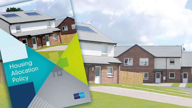 This is the front cover of the Housing Allocation Policy document with a row of houses in the background 