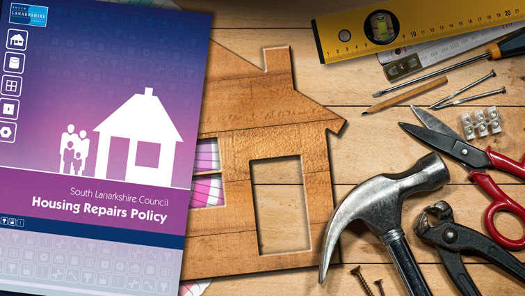 This is the front cover of the Housing Repairs Policy document with some tools in the background 