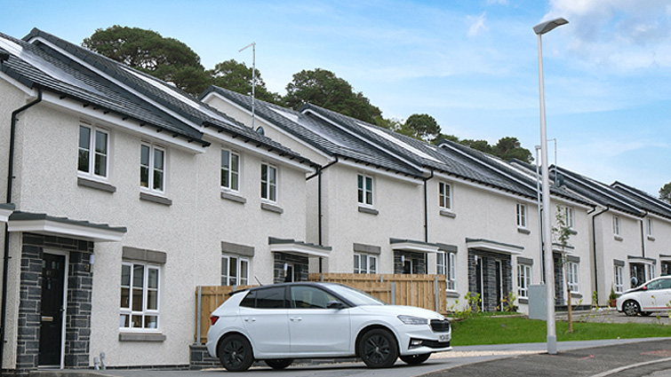 This image shows a row of newly built homes in Weston Crescent in East Kilbride