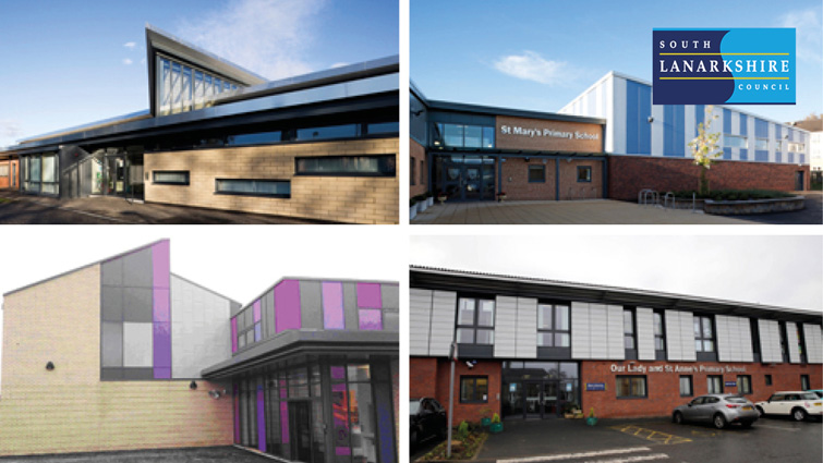 This image is four images in one, showing the exterior of four schools in Hamilton - St Mary&rsquo;s Primary School, St Paul&rsquo;s Primary School, St Peter&rsquo;s Primary School and Our Lady and St Anne&rsquo;s Primary School