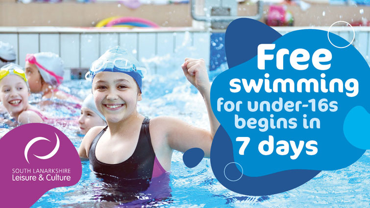 This is a generic image of children swimming with the message Free Swimming for under-16s begins in 7 days on the right hand side and the South Lanarkshire Leisure and Culture logo on the left hand side