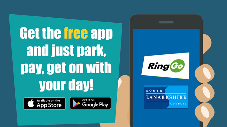 This photo shows a graphic of a hand holding a phone with the RinGo and South Lanarkshire Council logos and the text: "Get the free app and just park, pay and get on with your day"