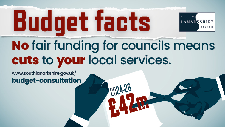 This graphic shows a pair of hands cutting through a piece of paper with £42m wrote on it to reflect the budget cuts the council is facing in the next two financial years