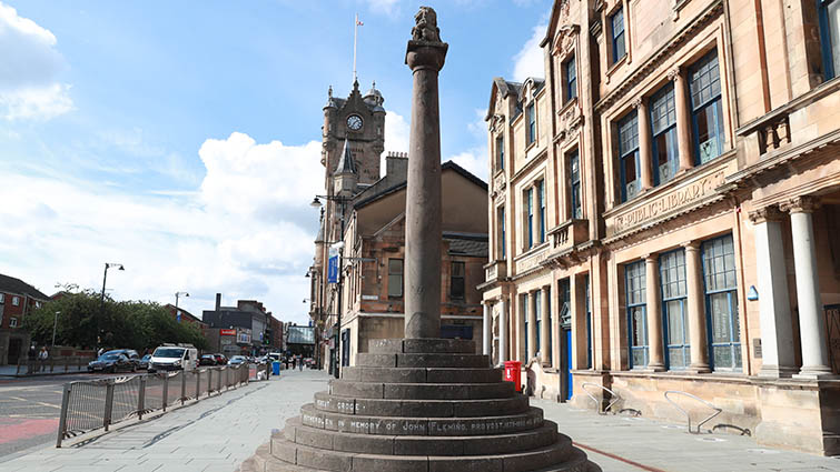 This photo shows a view of Rutherglen town hall looking down from the war memorial.