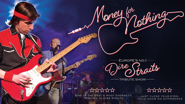 This image shows the Dire Straits tribute band, Money for Nothing, who are appearing at Lanark Memorial Hall