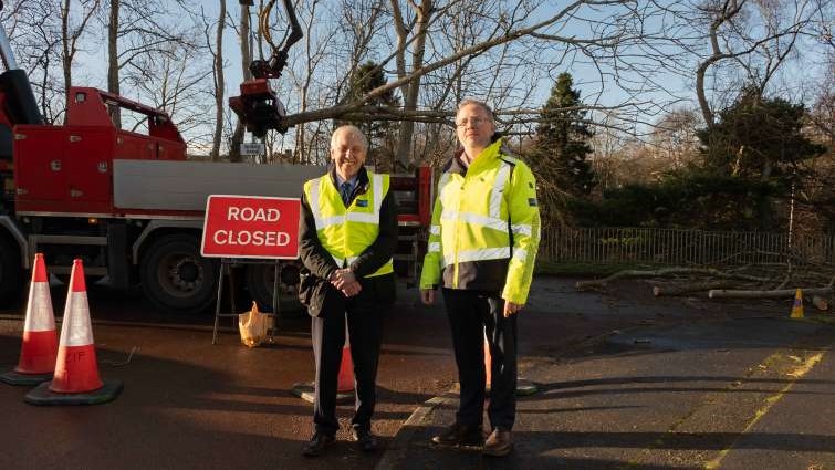 Chair of the Community and Enterprise Resources Committee Councillor Robert Brown with the council's Arboriculture officer during an Ash Dieback removal programme