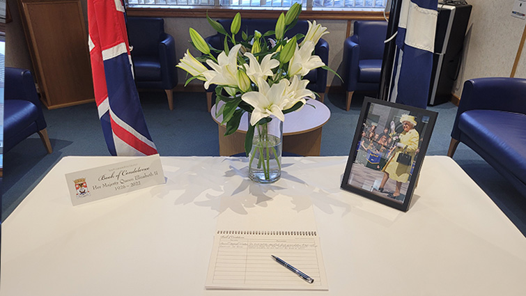 This image shows the book of condolence for HM The Queen at council HQ in Hamilton