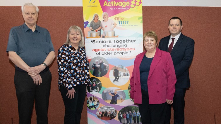 This image shows the chair and depute chair of Seniors Together with Council Leader Joe Fagan and Older People’s Champion, Councillor Eileen Logan