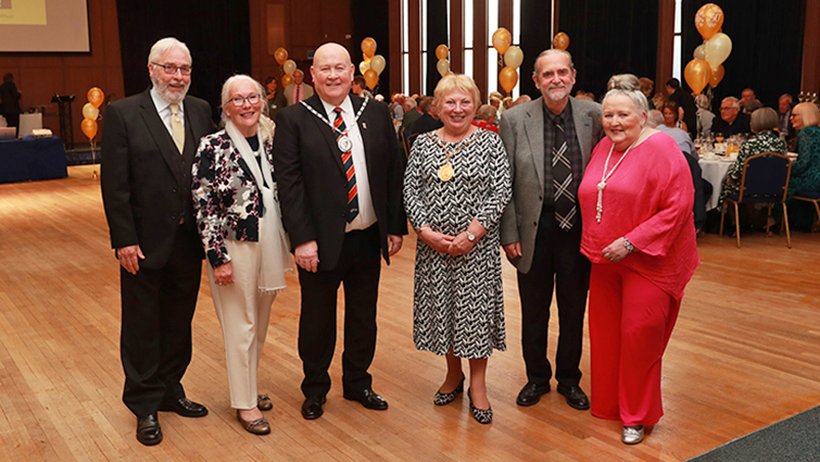 This image shows the Provost of South Lanarkshire and the Depute Provost of North Lanarkshire Council with two couples from each area at the Golden Weddings 2022 event