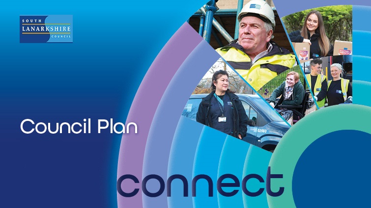 This is the front cover of the Council Plan, Connect, which features the council logo in the top left hand corner, and a montage of images on the top right hand side which includes council workers