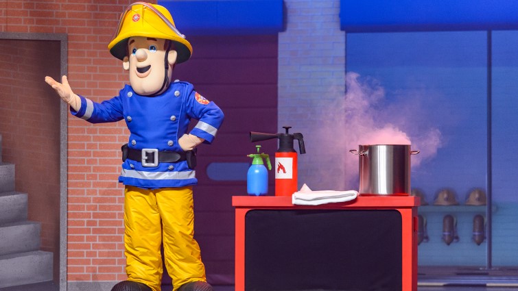 This photo is a still from one of the live shows featuring Fireman Sam on stage.