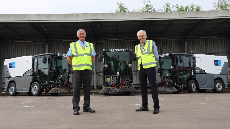 Chair of the council&rsquo;s Community and Enterprise Resources Committee, Councillor Robert Brown (right), and Colin Reid, the council's Grounds and Waste Operations Manager, with three of the new mechanical sweepers.