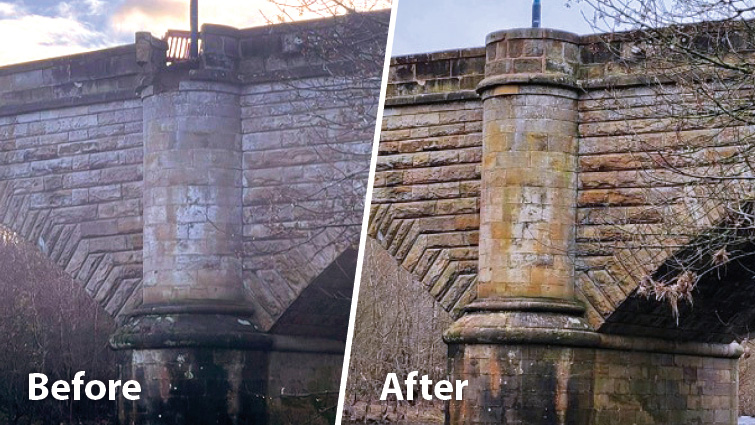 This image shows before and after photos of Garrion Bridge following repair works