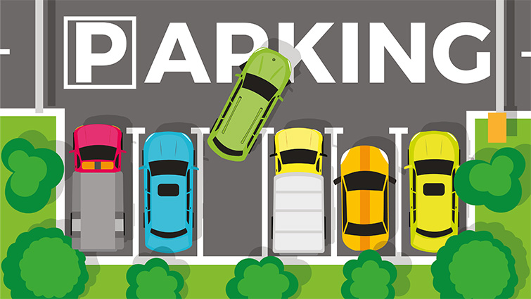Graphic showing a row of parked cars from above and one pulling out of a parking space