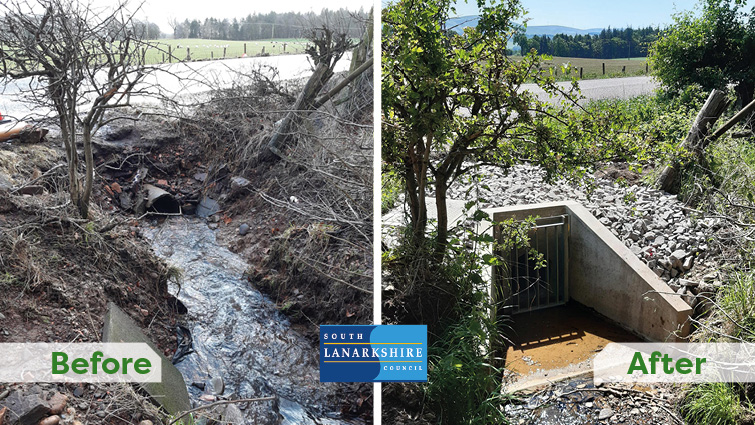 This image shows a before and after pic of works carried out at a culvert in Symington