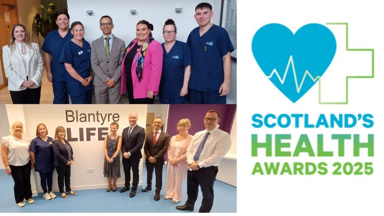 This image contains the words Scotland's Health Awards at the side and has two photos, one of the team at Blantyre Life and the other of the team at David Walker Gardens