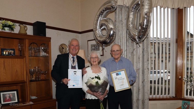 Tom and Marion Hill celebrating Diamond Wedding Anniversary with guest Deputy Lieutenant Andrew Braidwood 