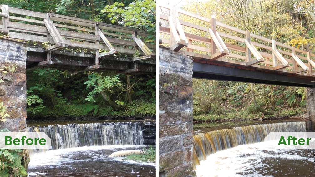 This is a before and after shot of Horseshow Bridge in Calderglen Country Park following the completion of improvement work