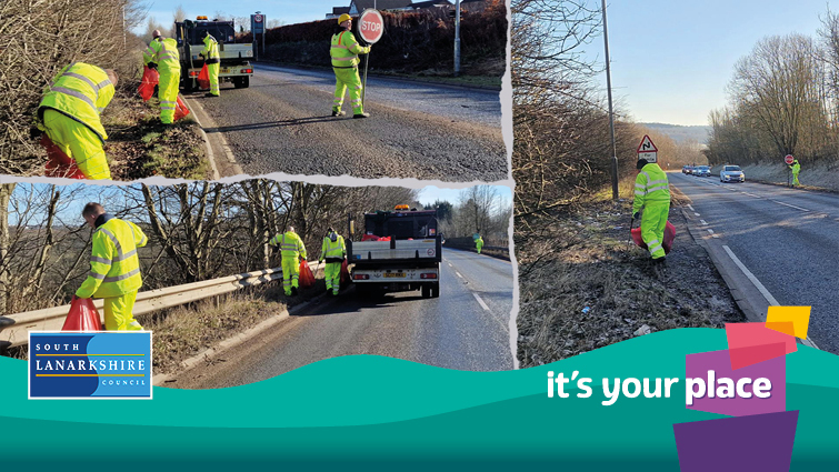 litter picking along rural roads with It's your Place campaign footer