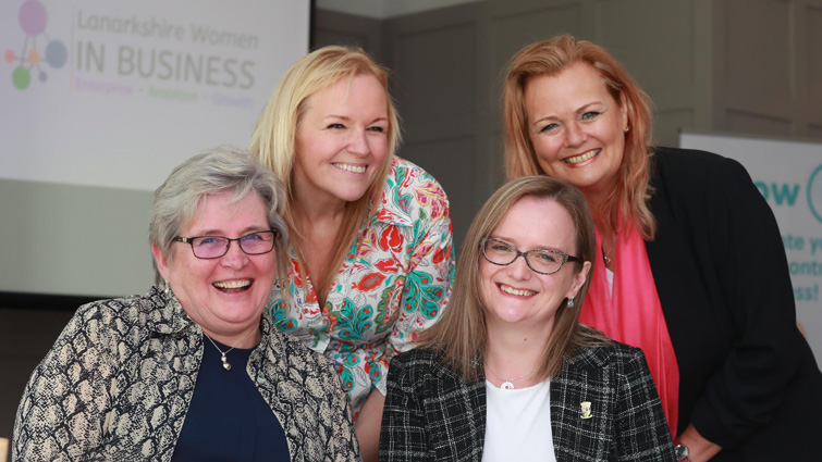 This image shows Councillor Maureen Devlin with some of the speakers and guests at the recent Women in Business event at Strathaven Hotel