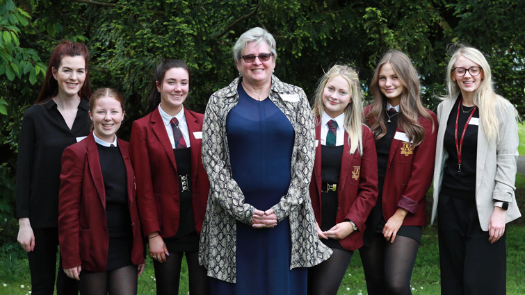 This image shows Councillor Maureen Devlin with pupils from Strathaven Academy at the recent Women in Business event
