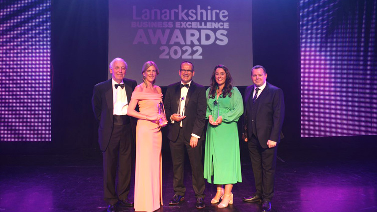 This image shows the South Lanarkshire winners from the Lanarkshire Business Awards 2022 with council leader Joe Fagan and Councillor Robert Brown