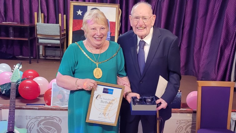 This image shows Provost Margaret Cooper with Bob Fulton who celebrated his 100th birthday