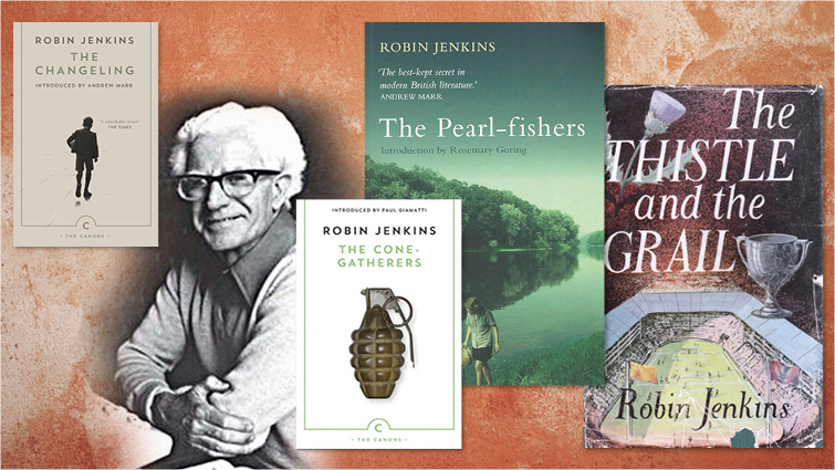 This is a montage of some of the front covers of Robin Jenkins' best known works alongside a black and white image of him.