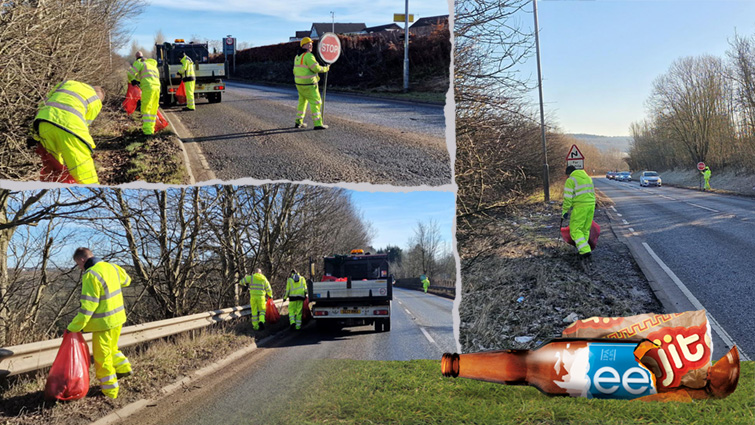 This is a collage of three images showing workers clearing and bagging litter on three rural roads. It is overlaid on the bottom right with the council's anti-litter campaign branding.
