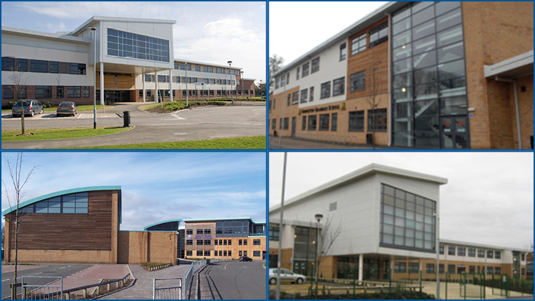 This image shows exteriors of the four schools that are to be expanded