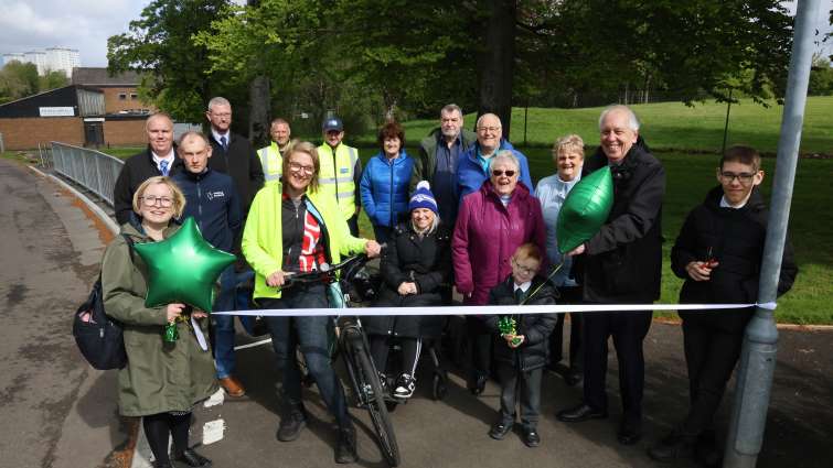 New path opening with Head teacher Lorraine Leonard and pupils from St Leonards Primary with members of the local Bowling Club, Councillor Kirsten Robb, Councillor Robert Brown and council employees