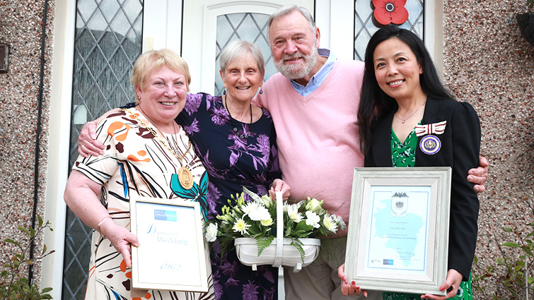 Mary and David Stark were joined by Provost Margaret Cooper and Deputy Lord Lieutenant Shuming Kong to celebrate their Diamond Wedding Anniversary