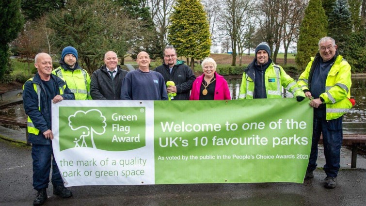 This image shows Provost Margaret Cooper with workers from Strathaven Park including James Armour who won the joint Employee of the Year at the Green Flag awards