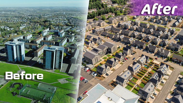 This image shows an aerial view of the Whitlawburn area before and after the regeneration of the area