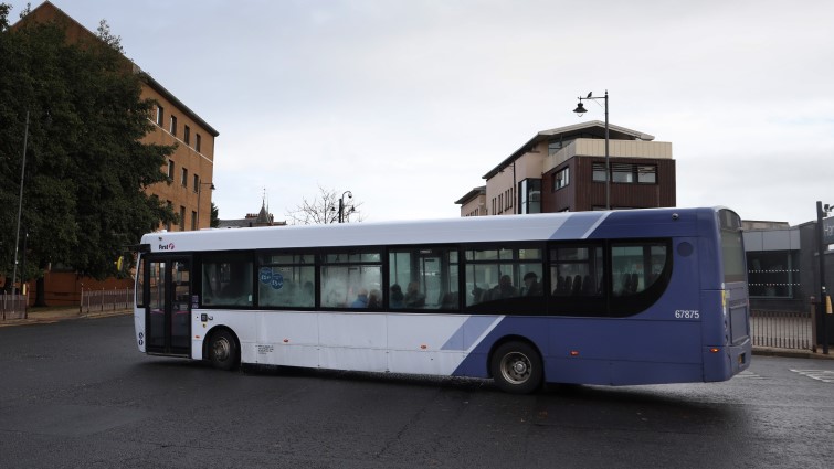 This is a generic image of a bus pulling out of Hamilton Bus Station