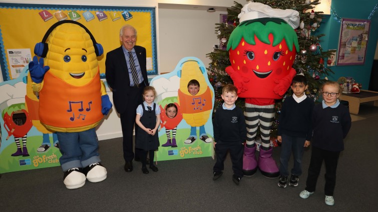 This image shows pupils from Bankhead Primary School with Councillor Robert Brown and Go Fresh characters