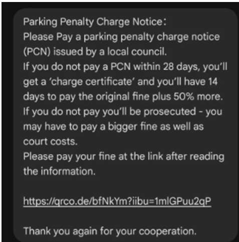 snapshot of parking scam message