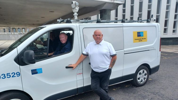 Councillor Davie McLachlan, chair of Housing and Technical Resources, with community wardens in a CCTV van.