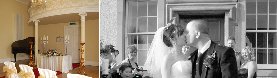 Image of Weddings at Low Parks Museum showing the Assembly Room and bride and groom at the exterior of Low Parks Museum